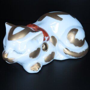 Vintage Kutani Neko, a Japanese Porcelain Sleeping Cat Figurine